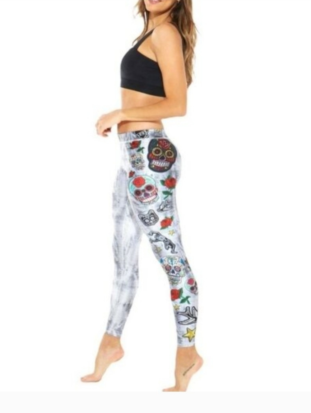 Terez Day of The Dead Print Leggings in White and Multicolor Girls XL=Womens XS - Picture 2 of 11